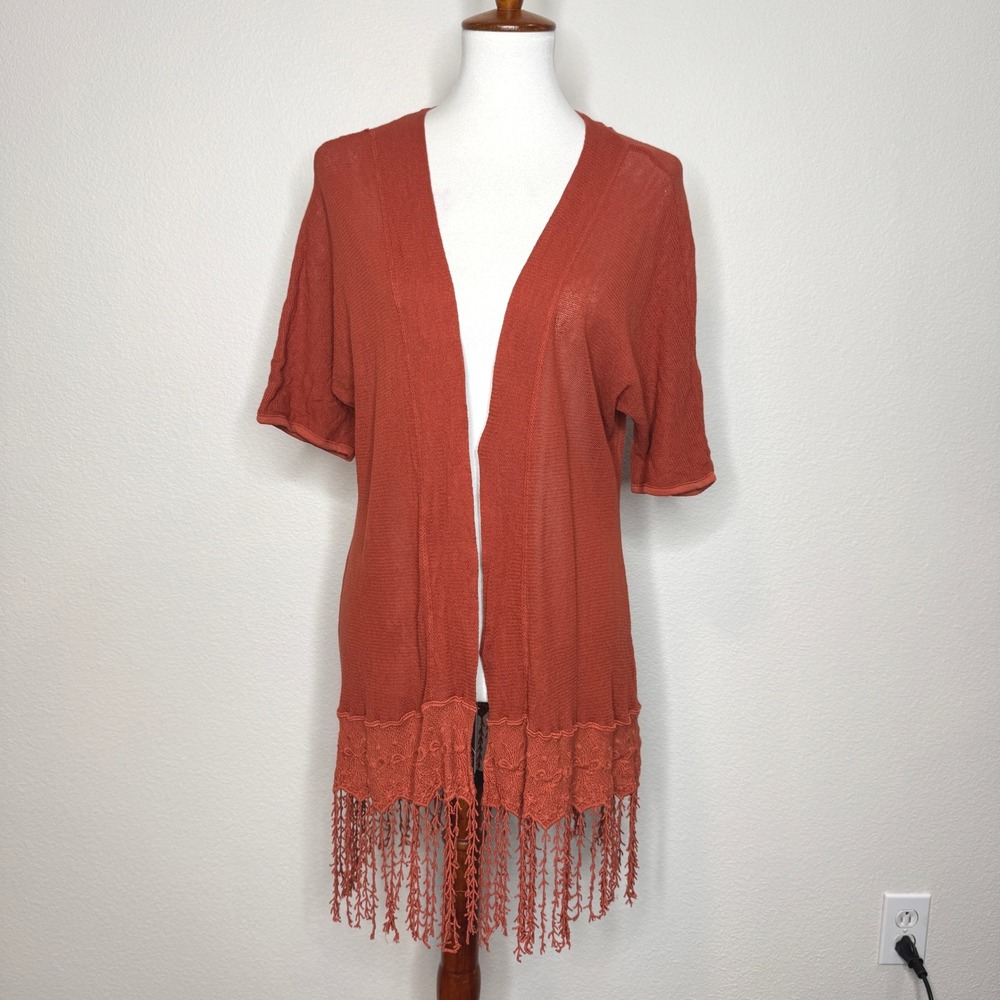 XCVI Kumi Short Sleeve Cardigan Vest Open Front LG Rust Fringe Boho Gypsy Hippie